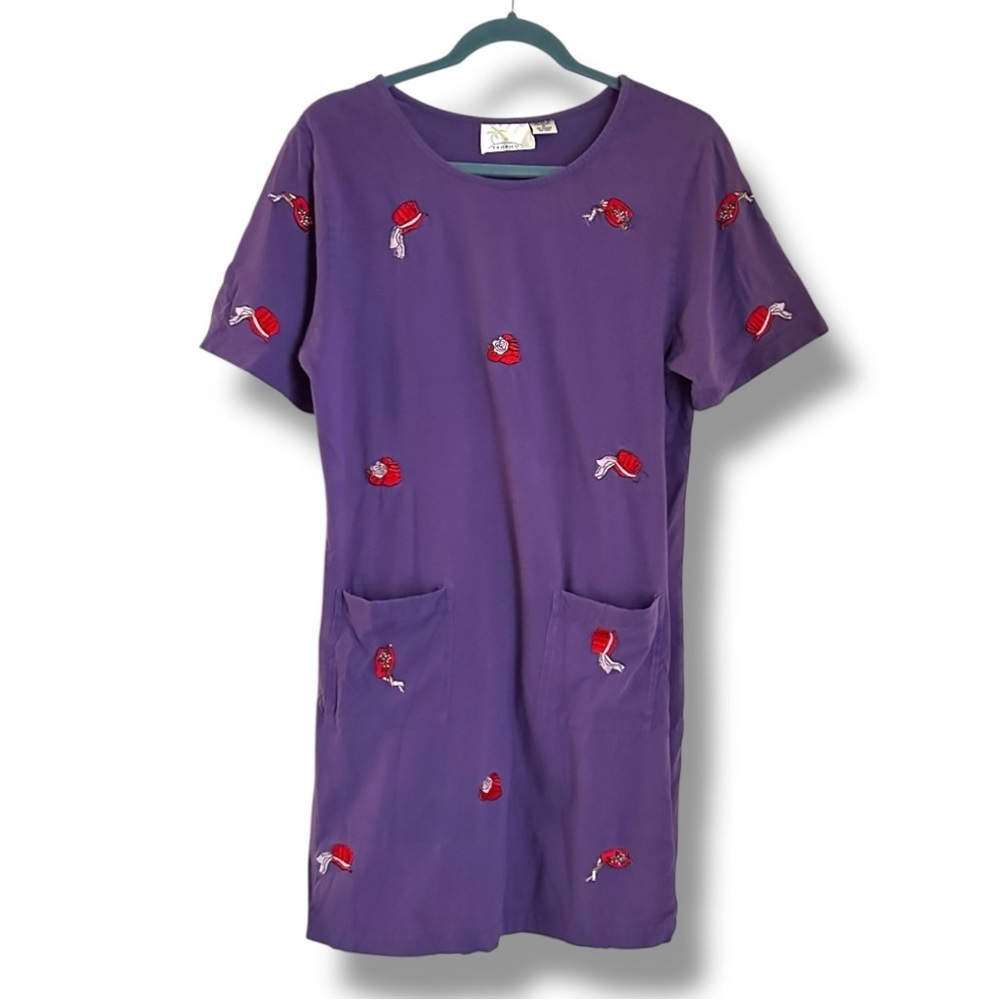 Vintage 90s Purple T-Shirt Dress Red Hat Embroidery Women’s Size Medium Cottage
